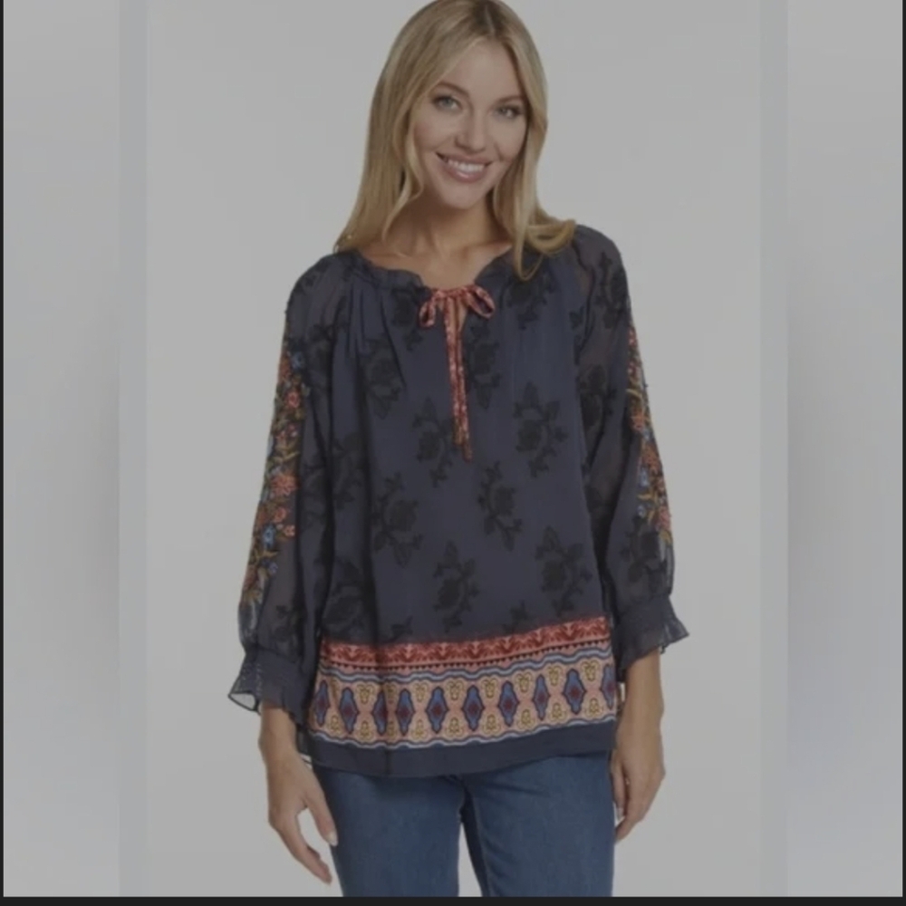 John Mark Split Neck Tunic Embroidered Sleeves Navy Size Large - Picture 2 of 13